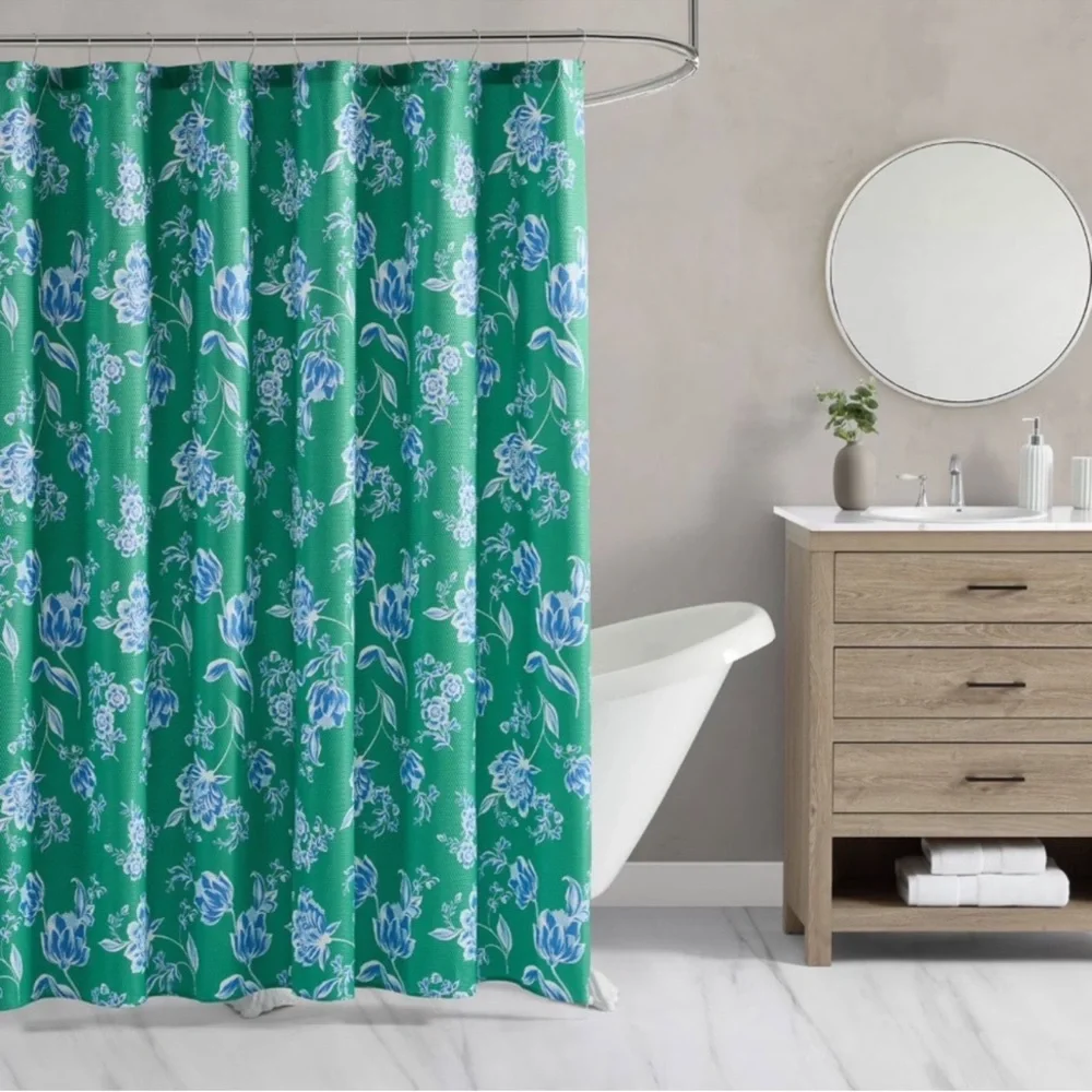 Draper James 15-Pc Bath Set Green & Blue Shower Curtain, Soap Dispenser, Tumbler